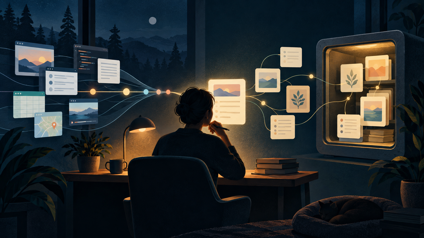 A private night workspace where abstract activity streams become linked note cards stored in a softly illuminated local vault.