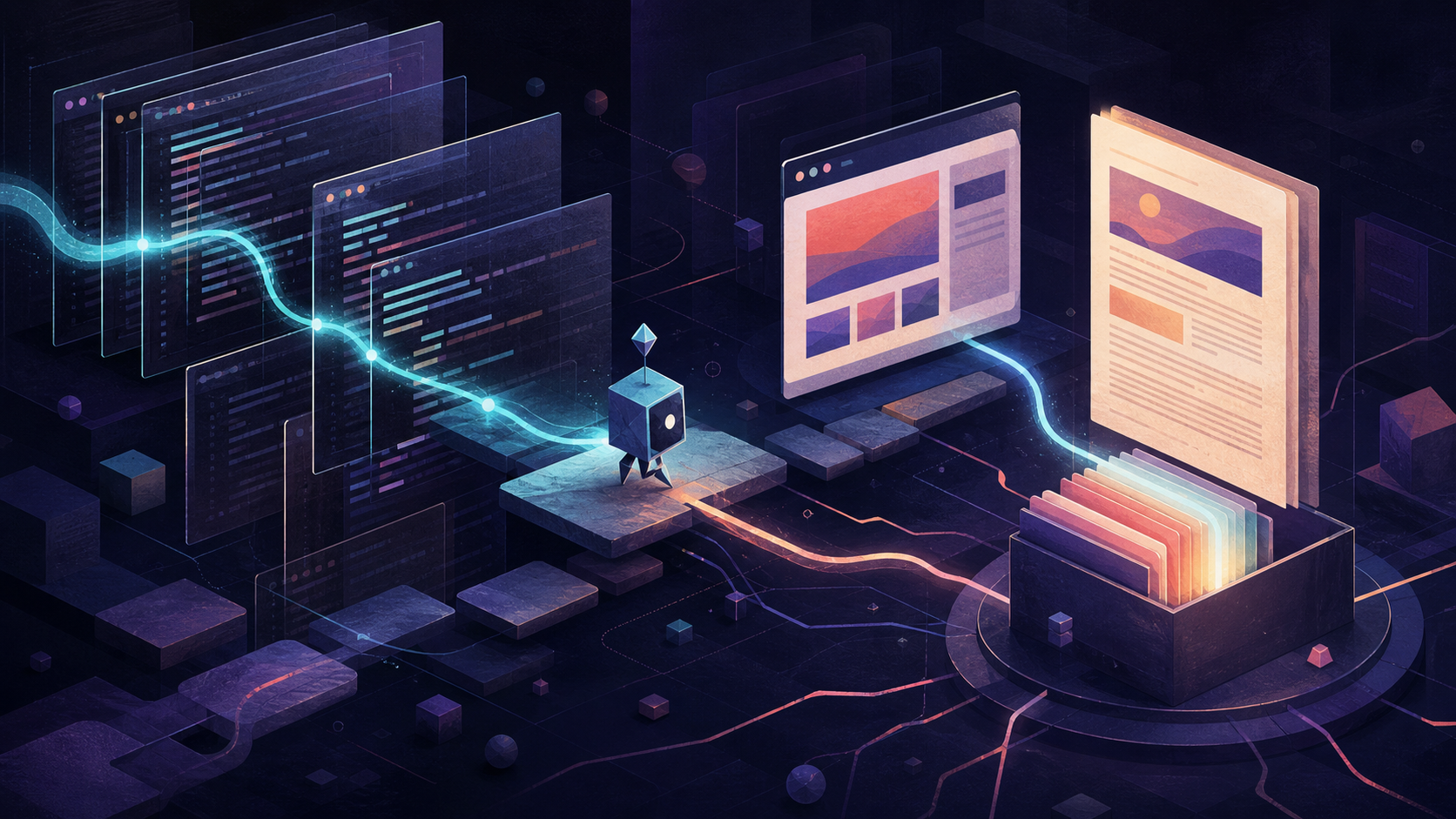 A geometric agent follows glowing paths through layered session panes, a browser window, a cleaned article, and a local archive.
