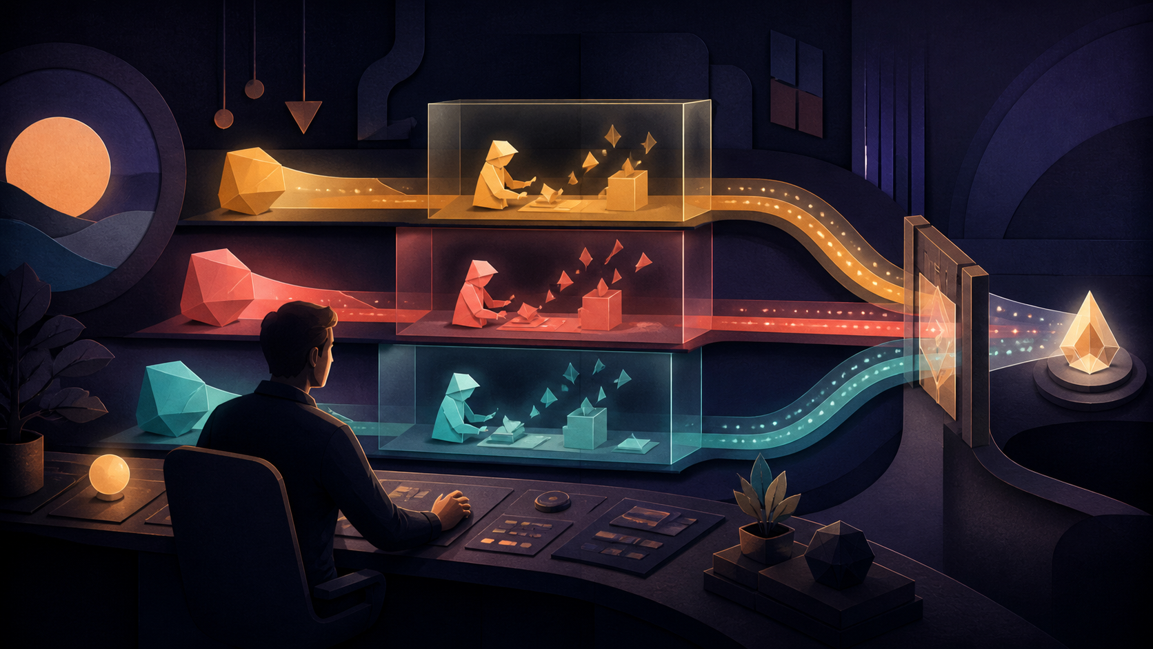 An operator supervises three glowing, isolated work lanes that converge through a review gate in a dark geometric studio.