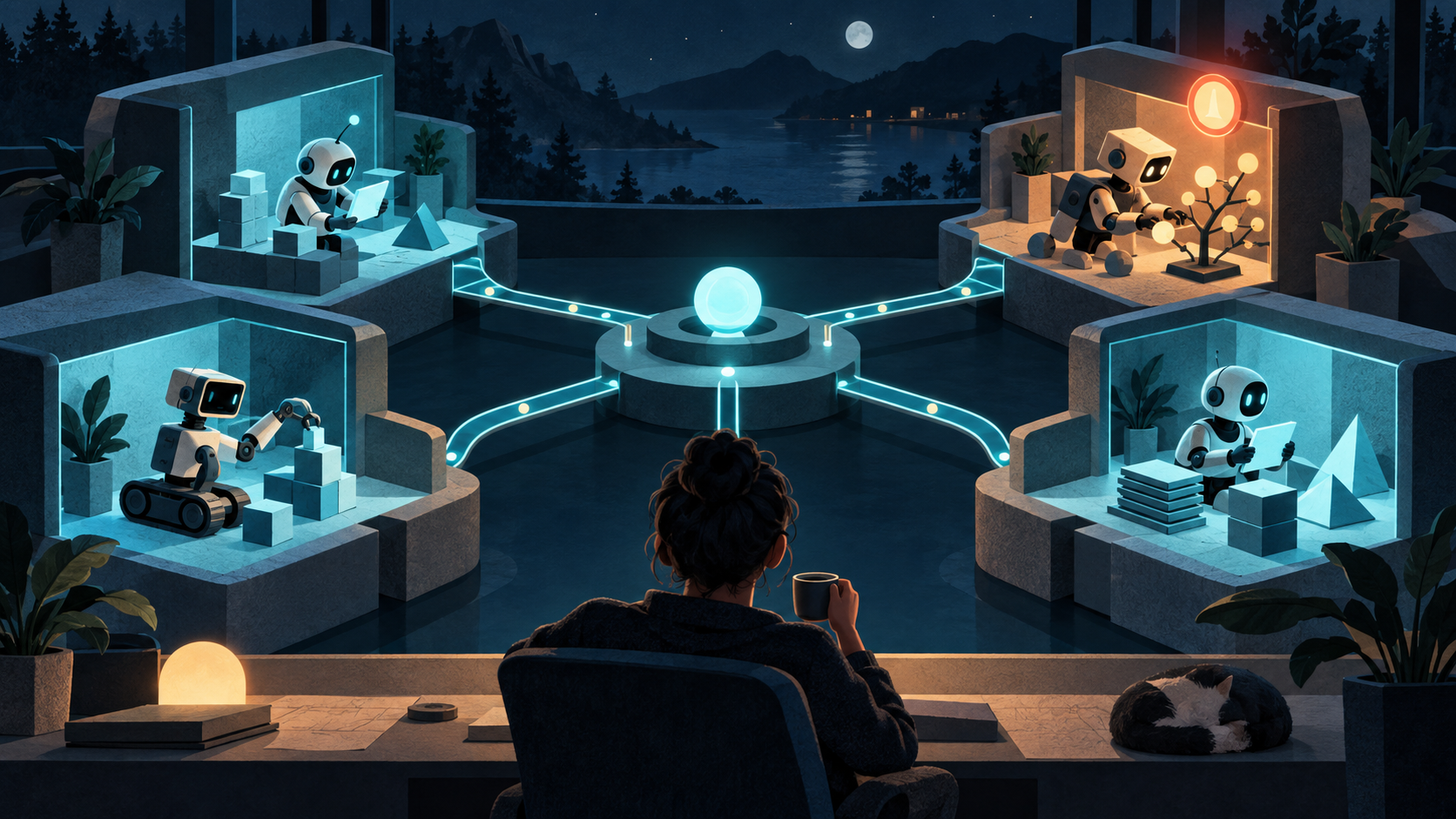 A developer supervises four small robot work bays connected by glowing cyan paths, with one amber attention signal in a moonlit command room.