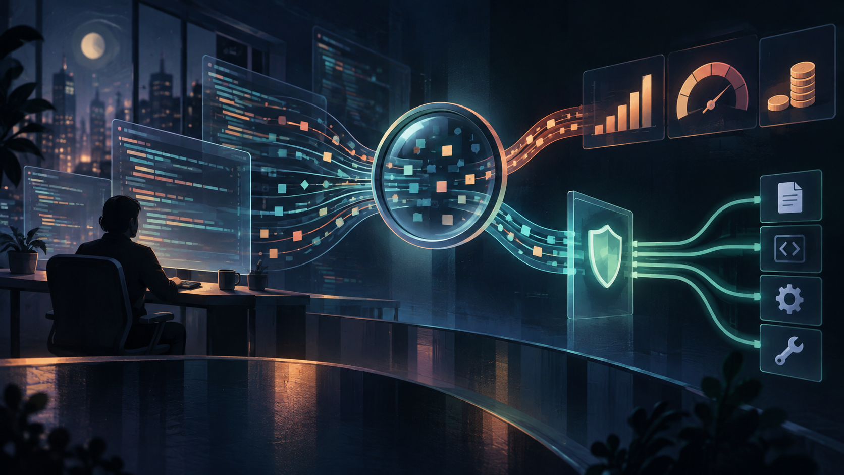 A dark control room where flowing code fragments pass through a luminous lens, usage gauges, and a protective checkpoint.