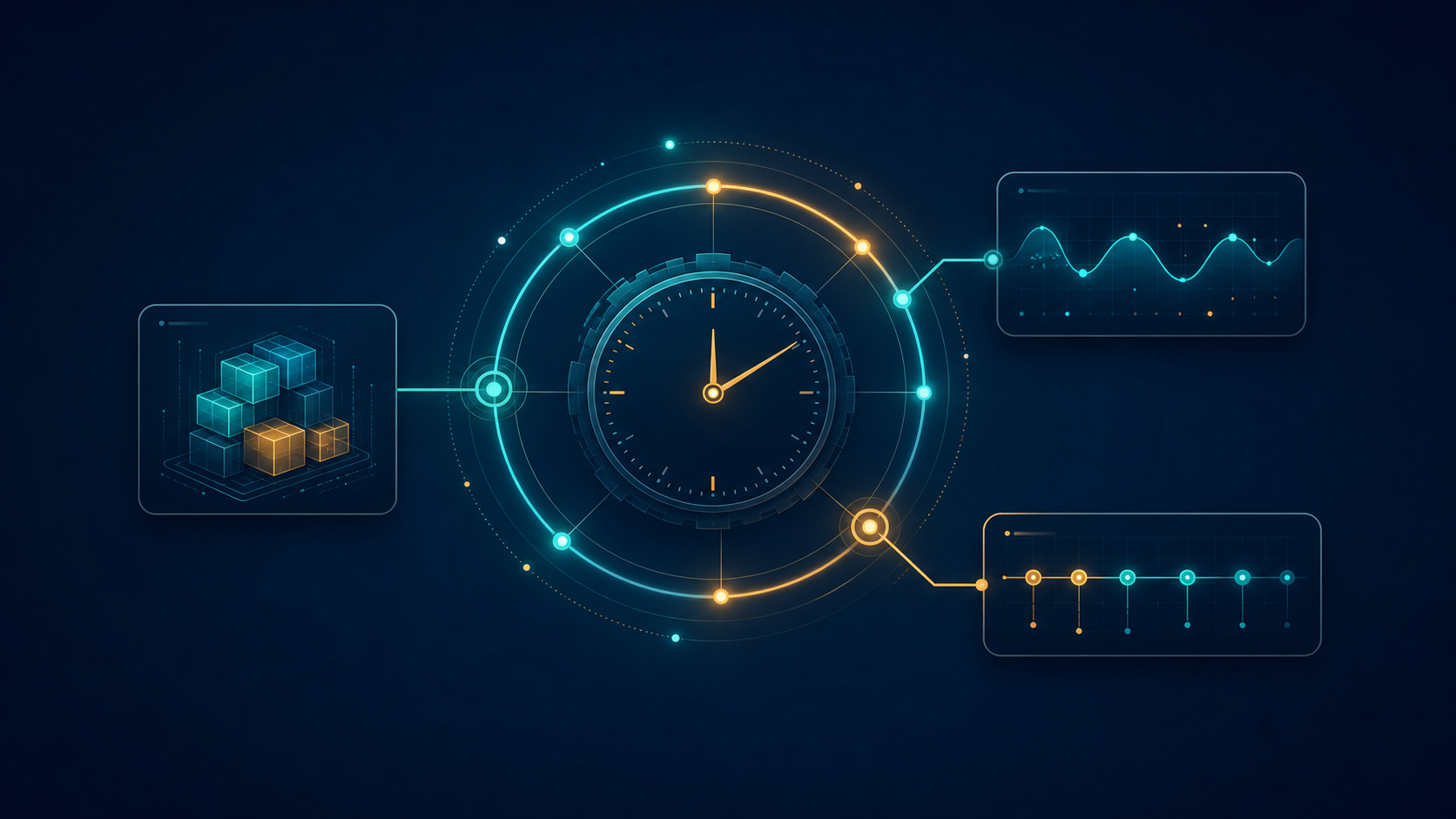 A glowing clockwork schedule ring joins a container panel, a network wave panel, and a timeline on a deep navy background.