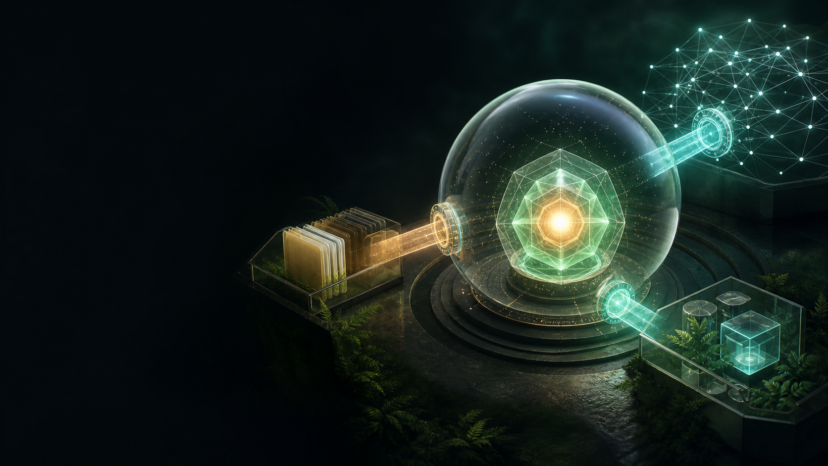 A luminous runtime core sits inside a transparent sphere, with gated beams connecting files, a network, and an isolated environment.