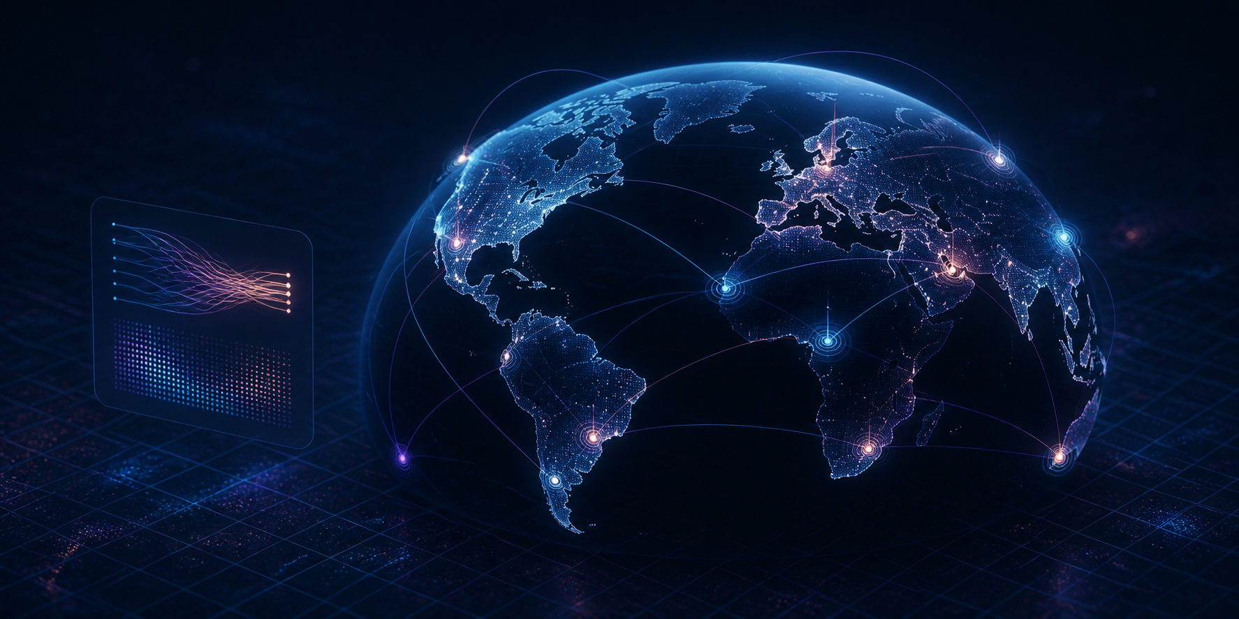 An abstract dark-blue globe linked by cyan resolver arcs, suggesting DNS propagation across a global network.