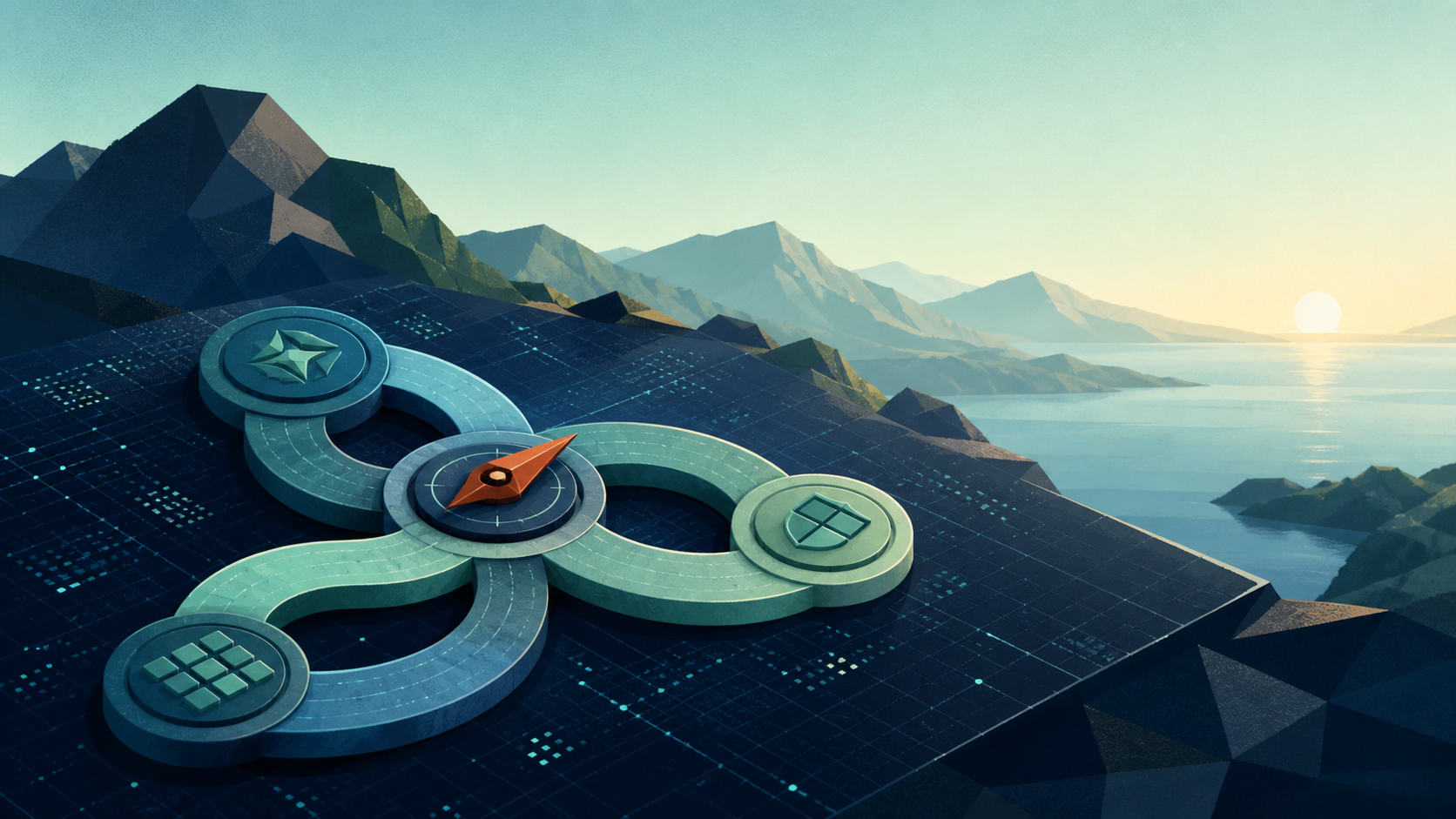 An abstract compass joins three looping paths on a luminous mountain grid at sunrise.