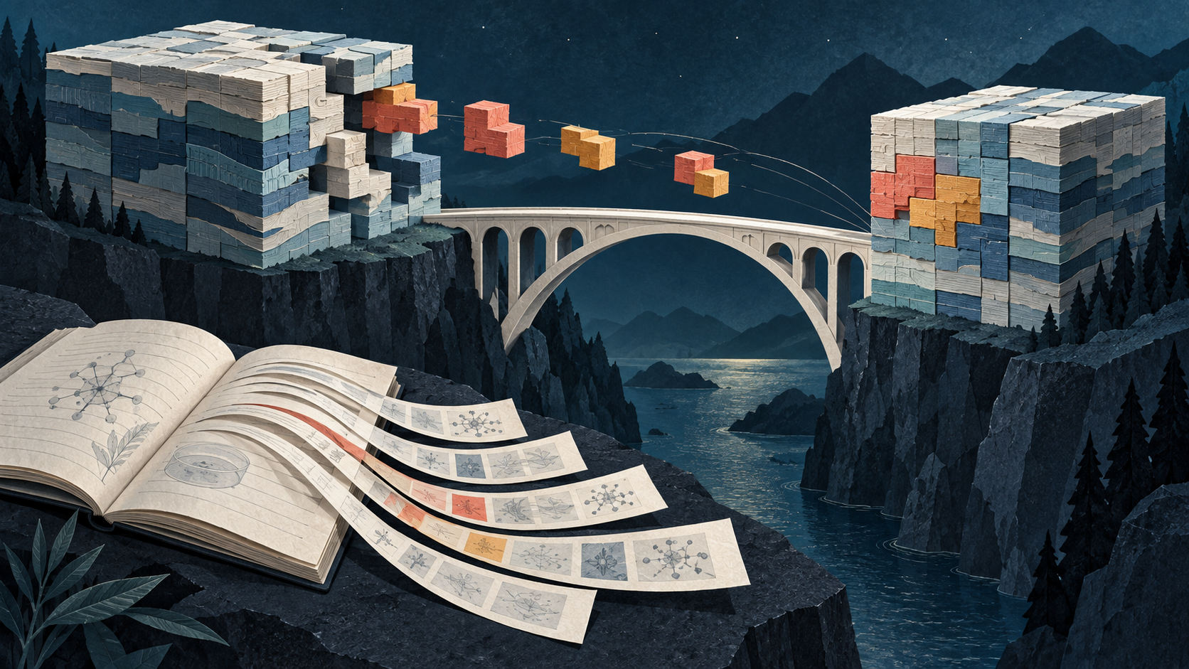 Changed coral and amber chunks cross a bridge between layered data blocks while a research notebook unfolds into paper strips.
