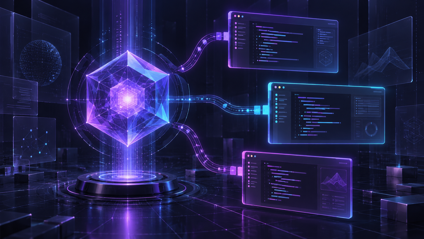 A luminous violet language-intelligence core sends semantic data streams into three distinct abstract code editor panels.