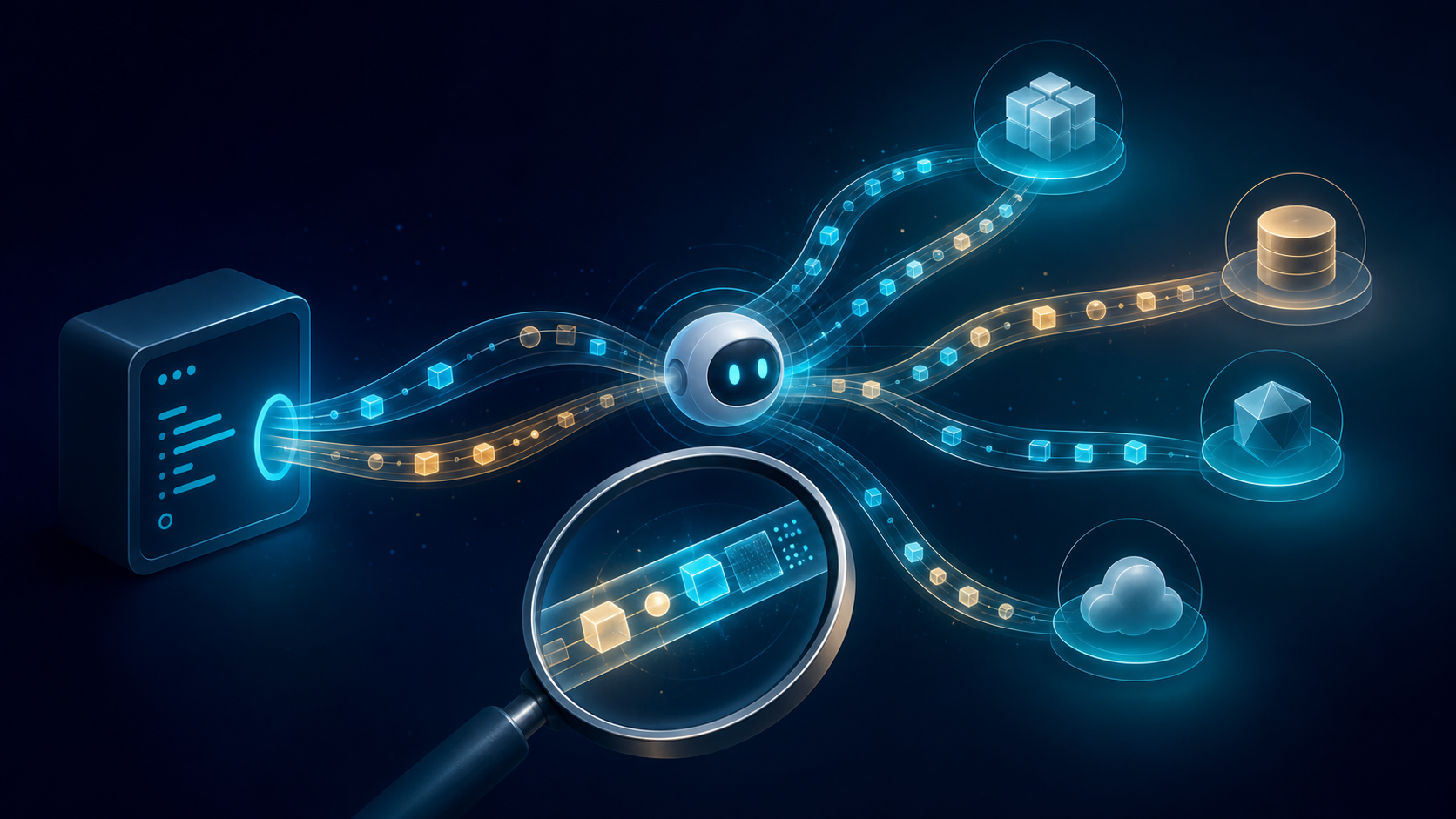 A glowing agent node connects a terminal-like panel to several abstract tool nodes through blue and amber data streams, with a magnifying lens inspecting one stream.