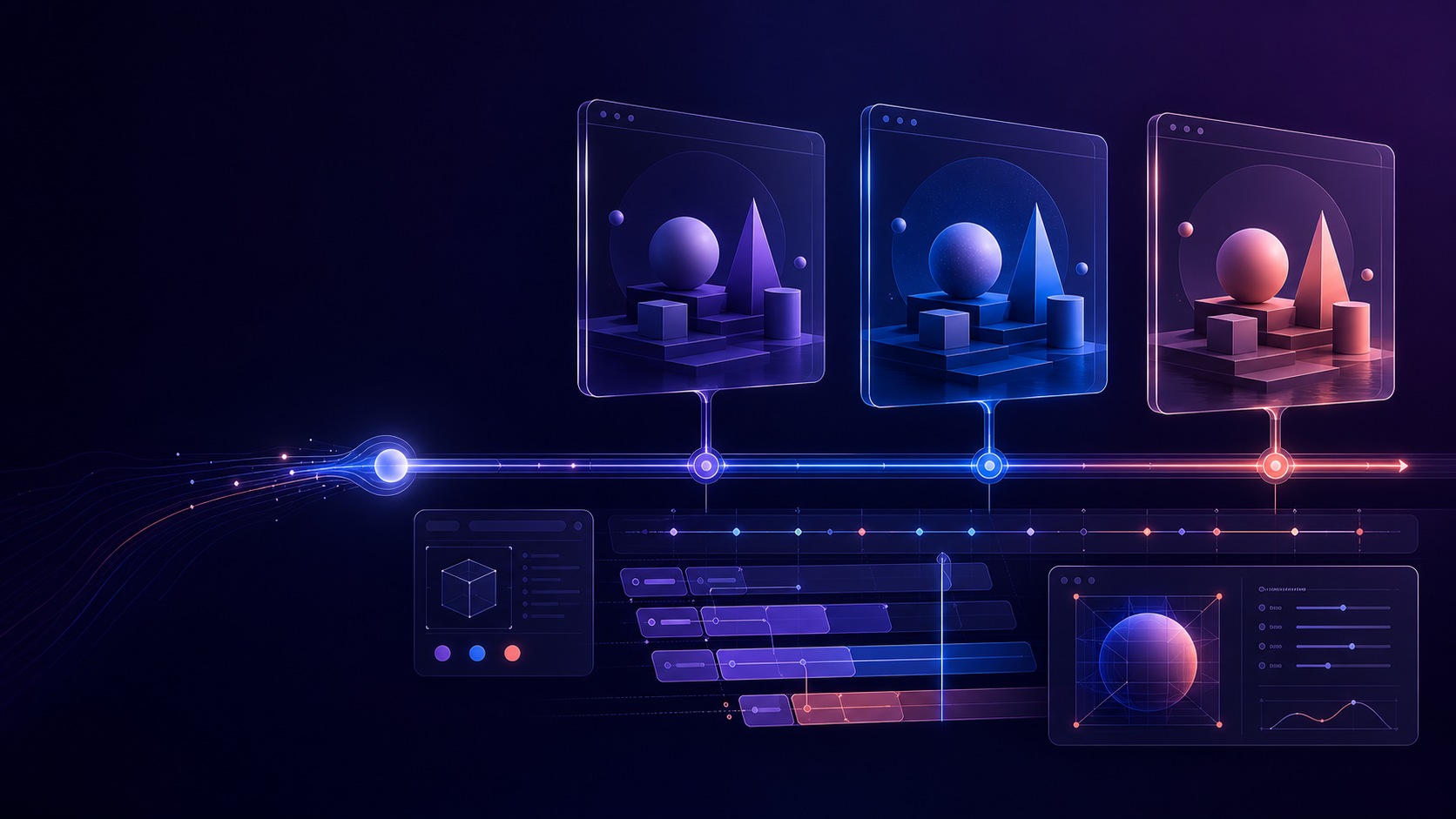 Three glass browser stages render matching geometric scenes above a luminous automation rail and diagnostic timeline.