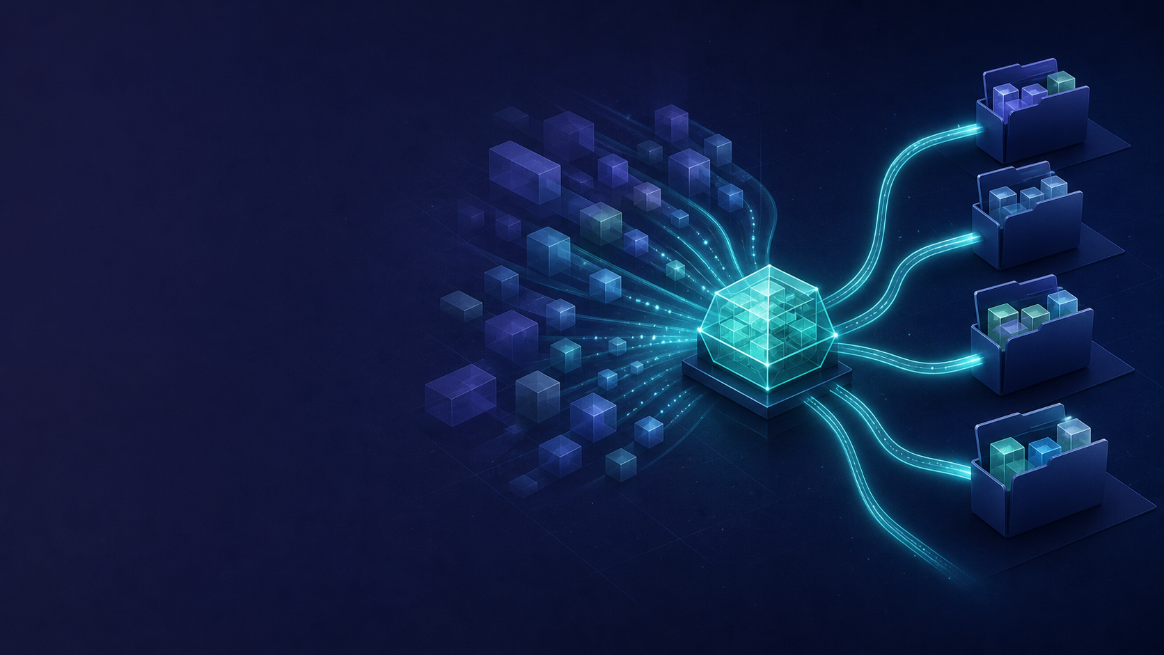 Translucent package blocks flow into a luminous shared vault and branch into several project folders on a dark indigo field.