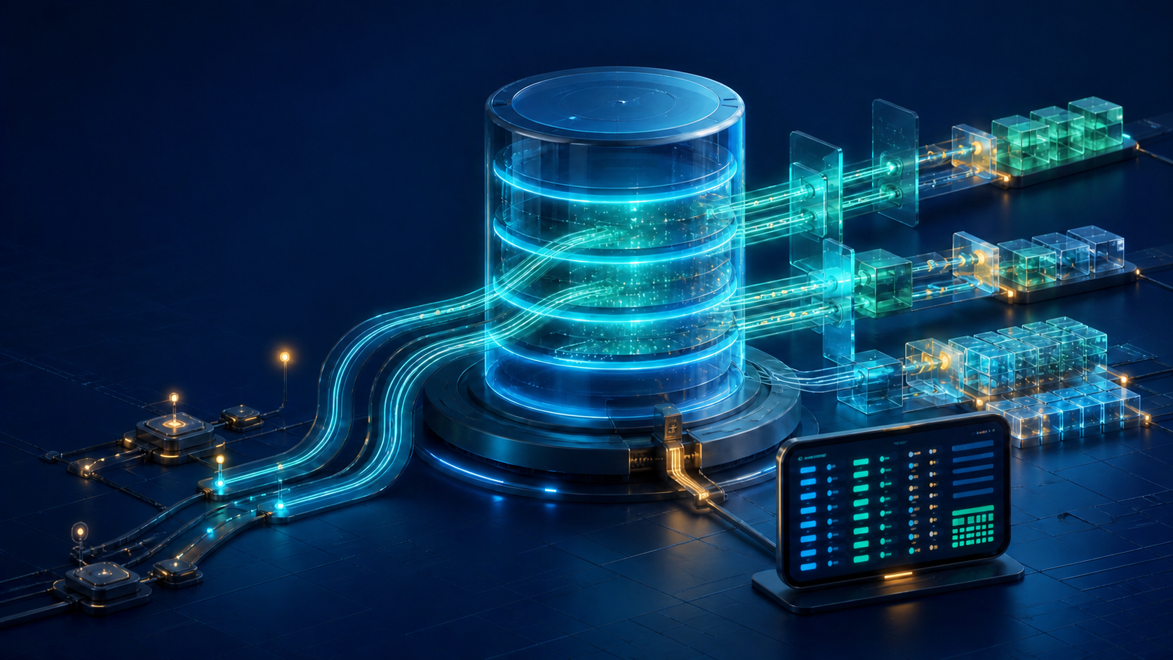 Abstract glass database cylinder routing luminous data streams into orderly schema blocks and an unlabeled inspection panel.