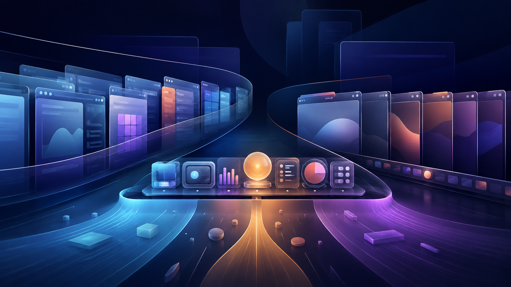Three luminous paths through a dark abstract desktop converge on tiled windows, a widget-rich dock, and a row of window tabs.