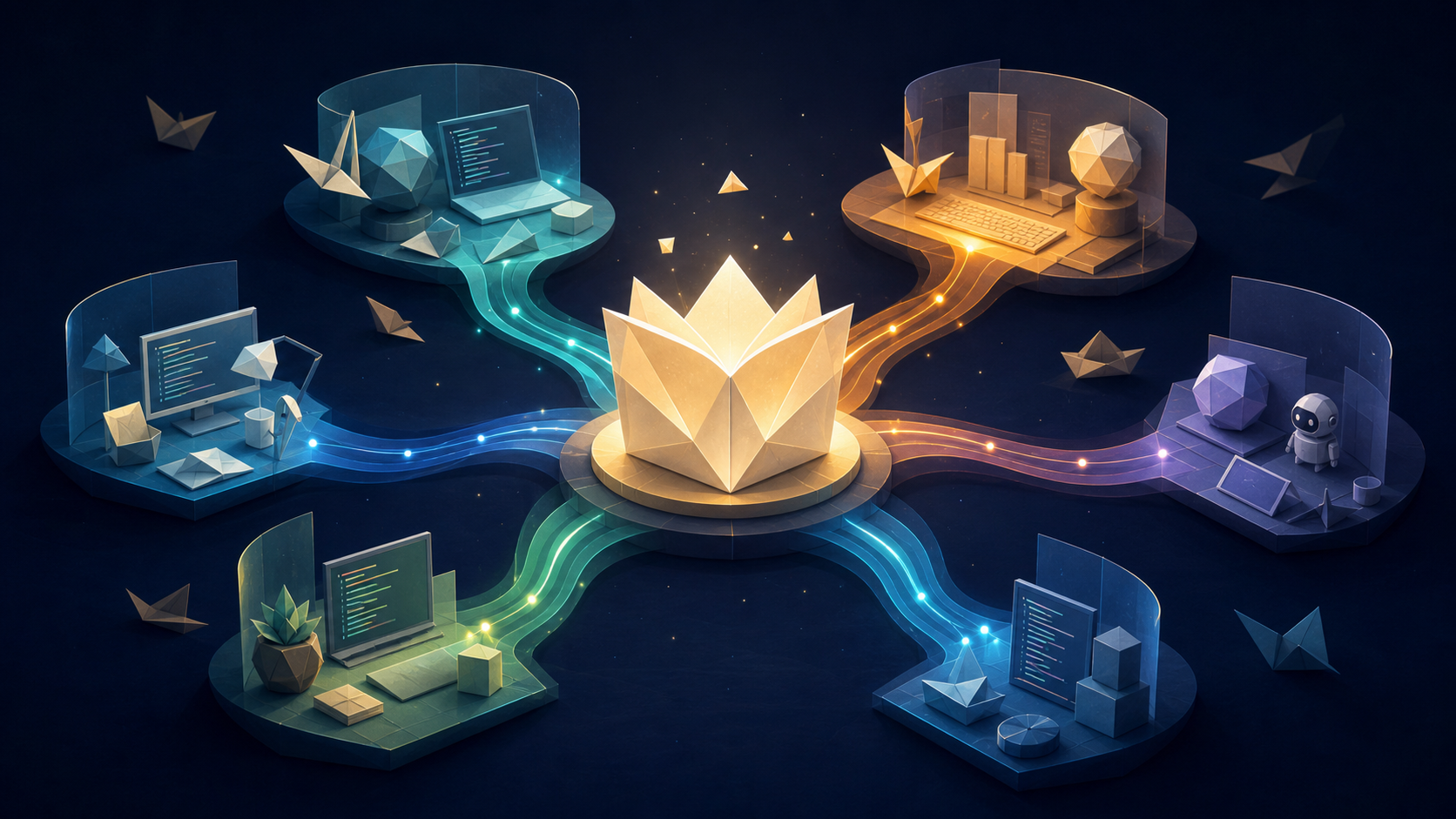A luminous origami rulebook connects by teal, amber, and violet paths to six abstract developer workspaces on a deep navy background.