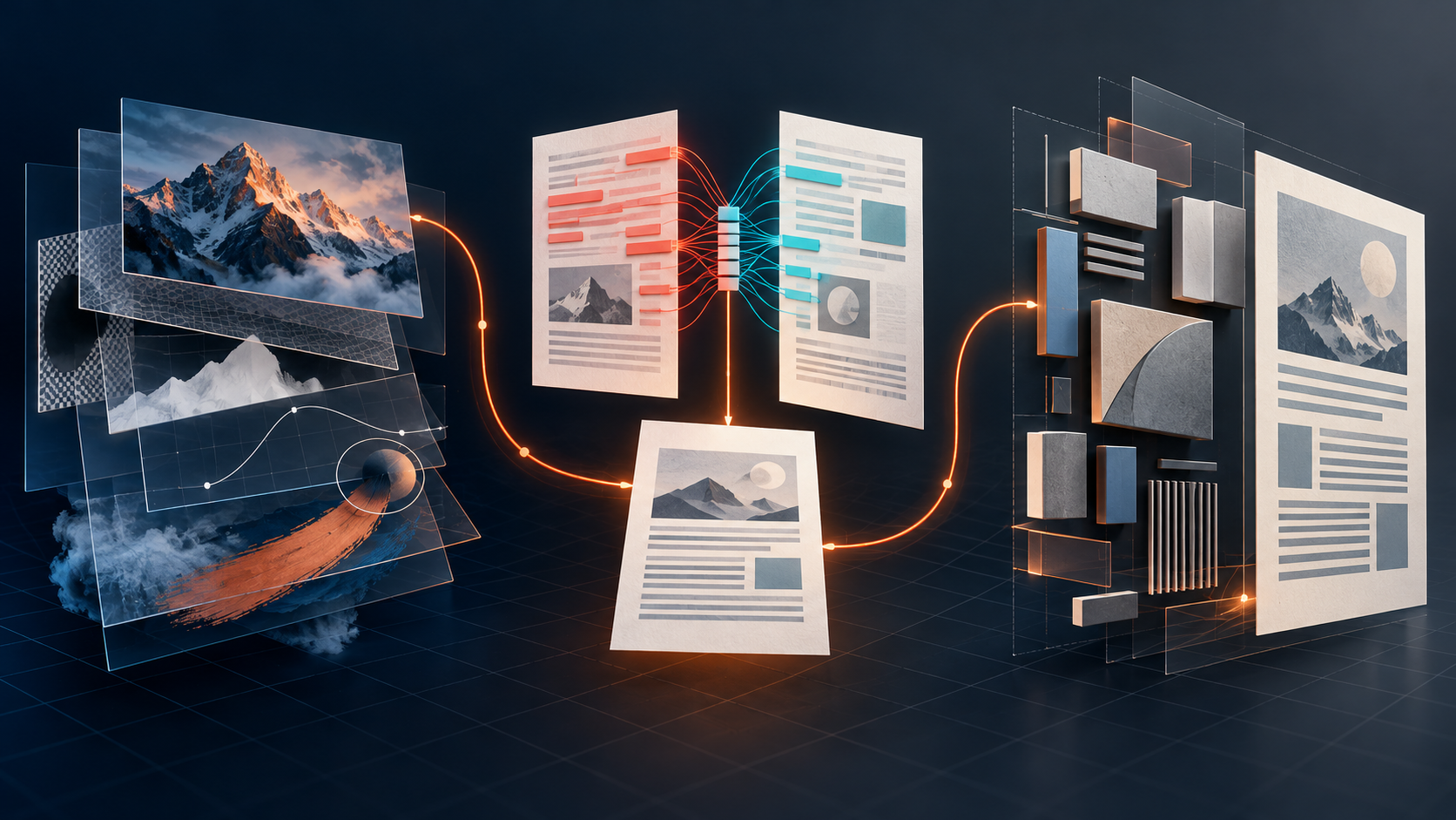 Layered image panels, marked-up document sheets, and geometric page components connect through glowing orange and cyan paths.