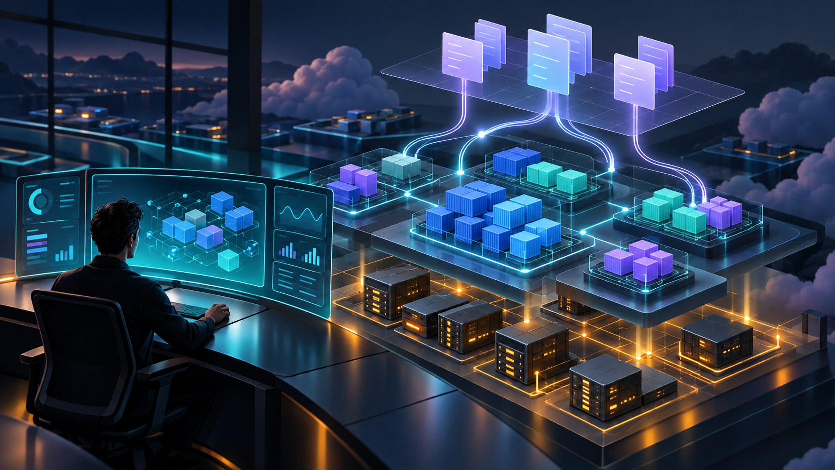 An operator watches luminous workload clusters above guarded infrastructure nodes while abstract deployment sheets flow into the system.