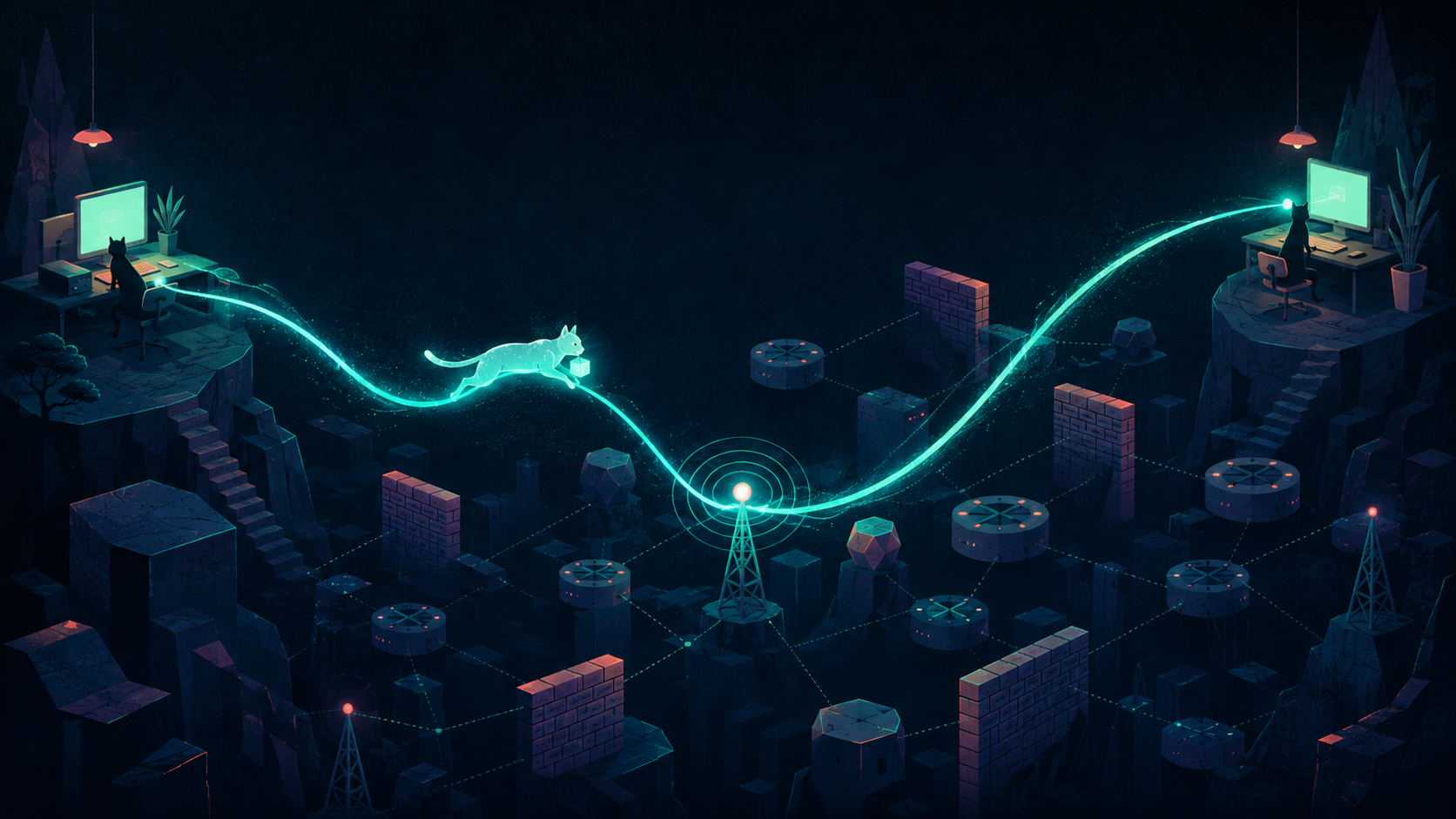 A glowing catlike packet follows a cyan network path between two distant workstations, passing relays and firewalls in a dark landscape.