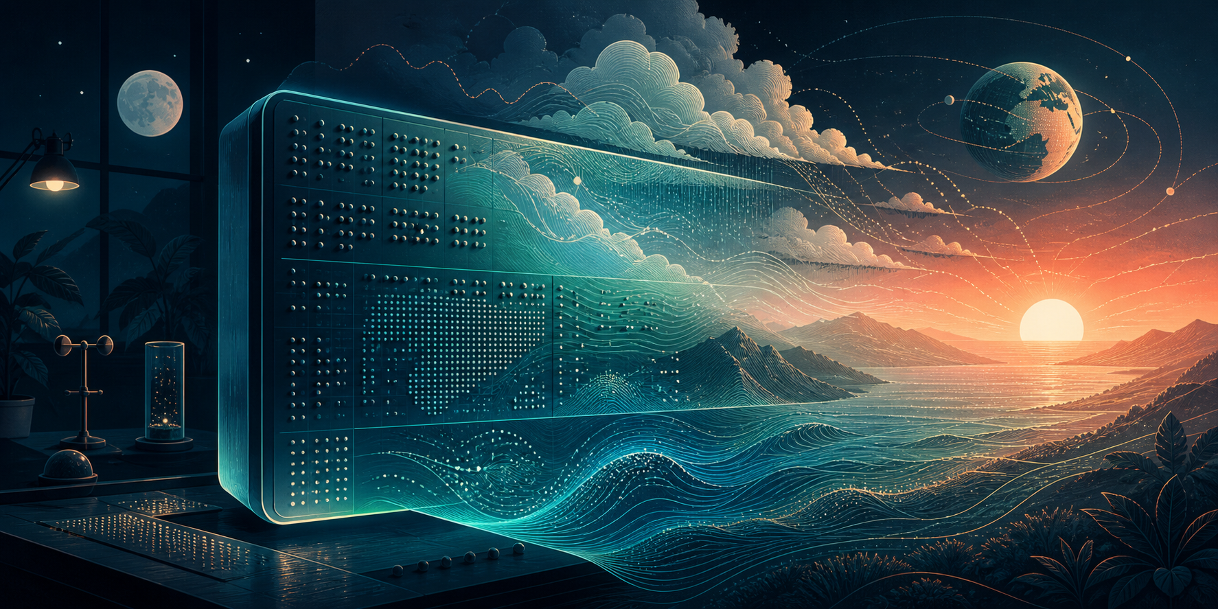 A luminous terminal observatory unfolds into waves, terrain, clouds, moonlight, sunrise, and a globe.