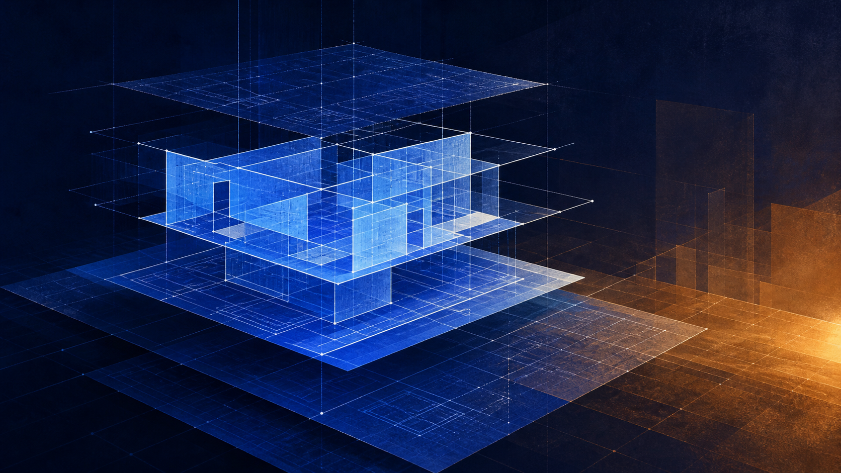 Layered blue translucent architectural planes on a dark background with a warm amber edge glow.