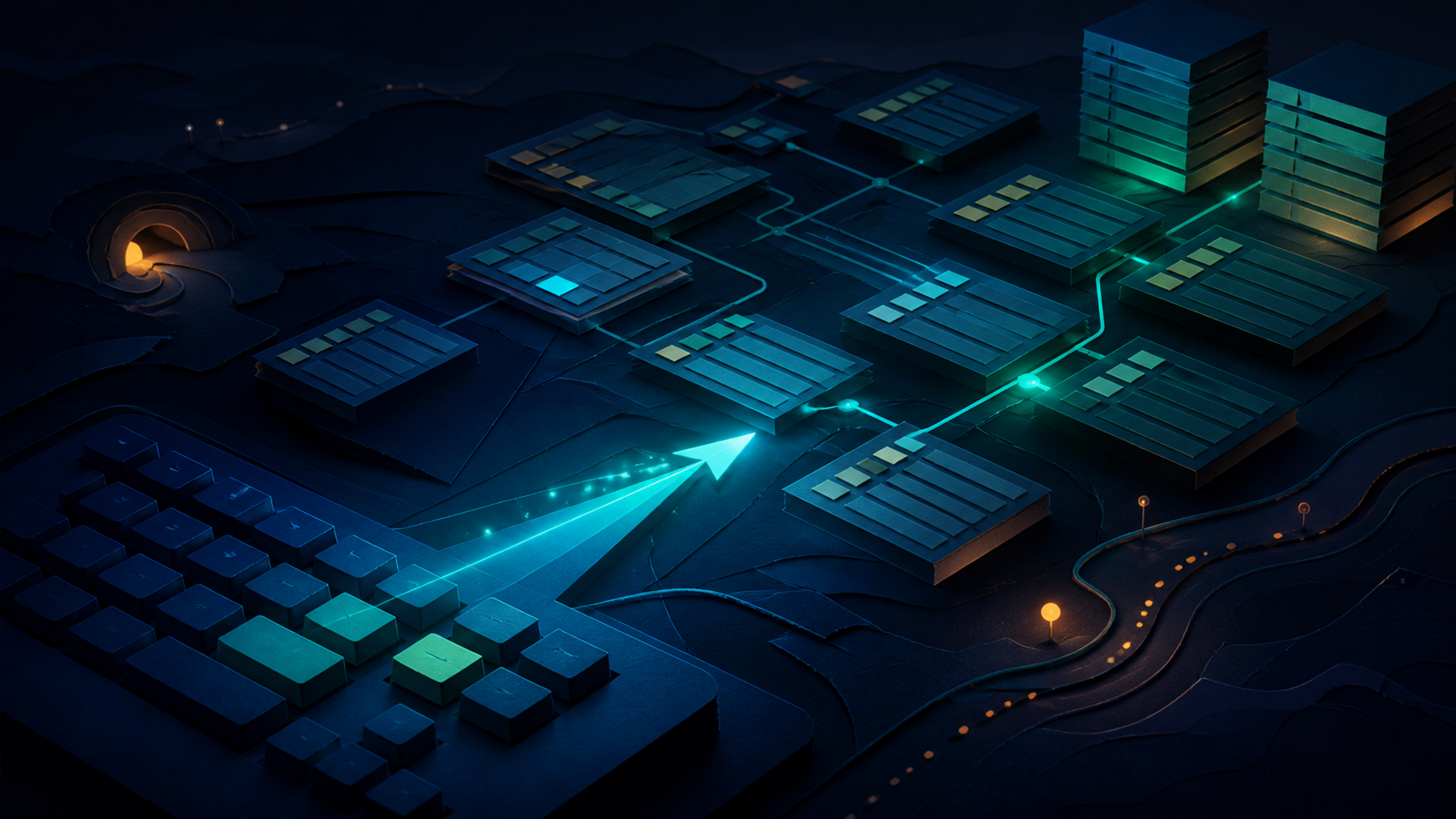 A glowing cursor path travels from an abstract keyboard through connected teal database tables across a dark layered landscape.