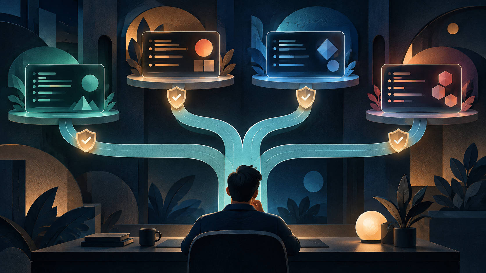 A developer oversees four luminous terminal workspaces connected by branching teal paths and amber review shields in a dark studio.